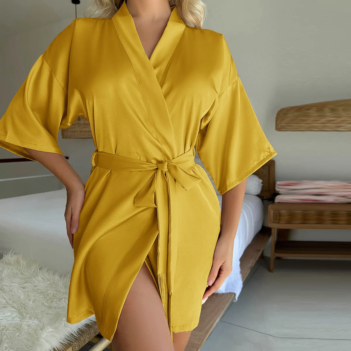 

Spring Summer Women Sleepwer Sexy Kimono Bathrobe Gown Yellow Bride Wedding Robe Tassel Belt Nightdress Loose Satin Home Wear