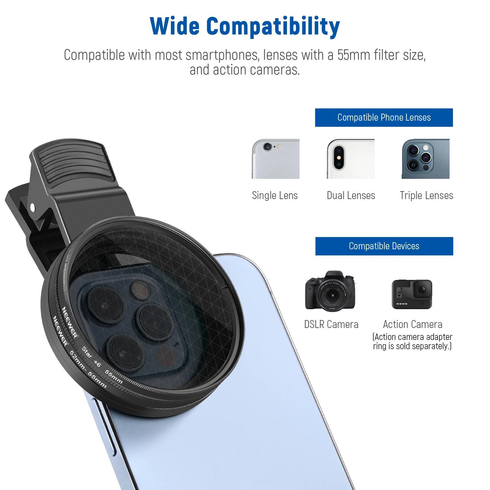 ND32 ND Filter Kit for Phone & Camera, CPL,4 Graduated Color Filter, 52-55mm Ada
