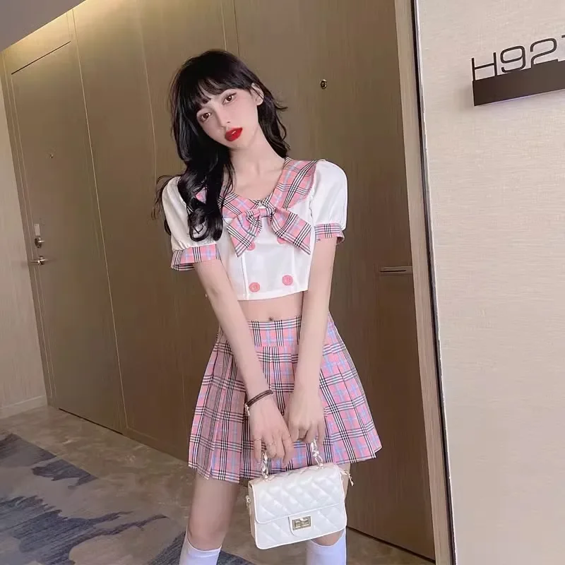 Kawaii Preppy Crop Shirt and Mini Pleated Skirt Suits for Women, Bow Tops, Y2K Girls, Y2K Suits, New Students, Fall, 2021