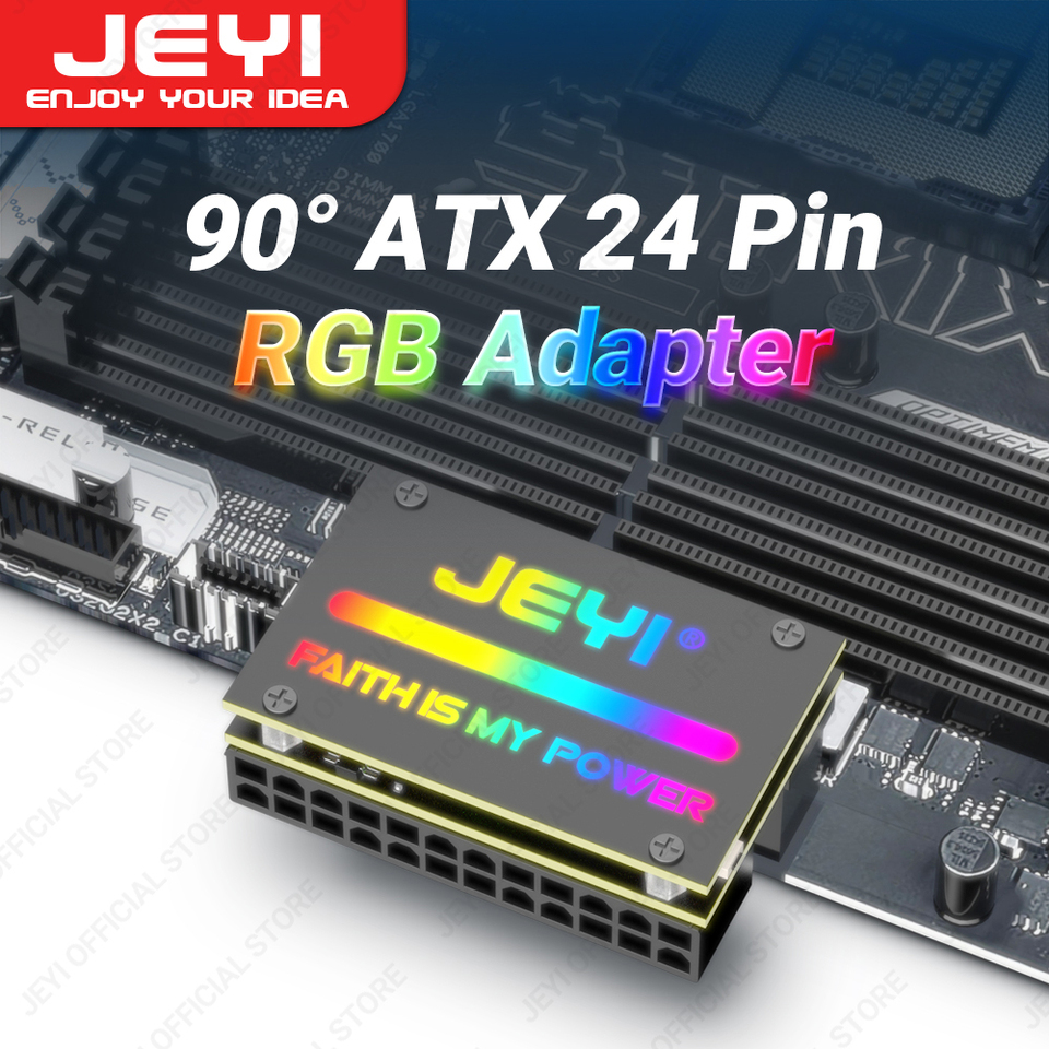 JEYI ATX 24Pin 90Â° RGB Adapter, 18 Light Modes Female to 24Pin Male 90 Degree Motherboard Power Adapter for Desktops PC Supply