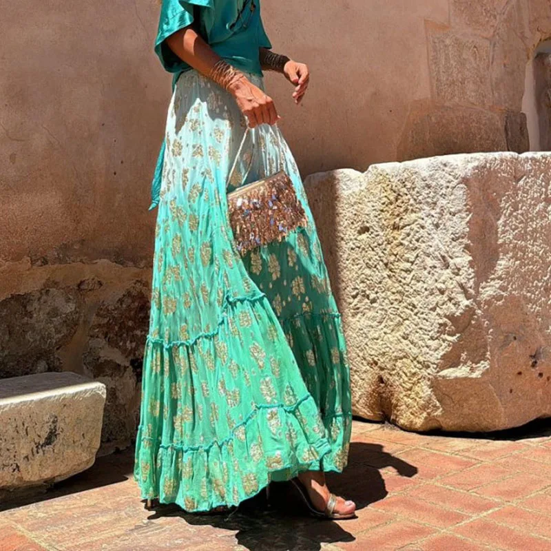 

Casual High Waist Ruffled Swing Long Skirt Summer Floral Print Gradient Holiday Half Skirt 2024 Lady Fashion Pleated Beach Skirt