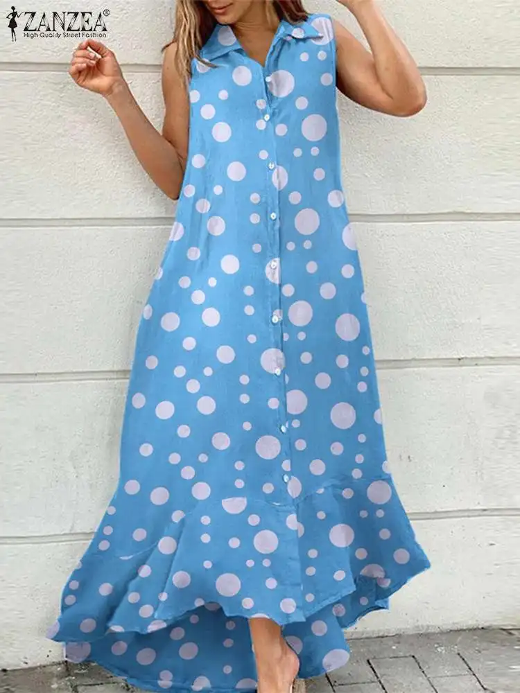 

ZANZEA Fashion Ruffles Hem Vestidos Women Lapel Shirt Dress Summer Streetwear Maxi Dress Polka Dot Casual Sleeveless Long Robes