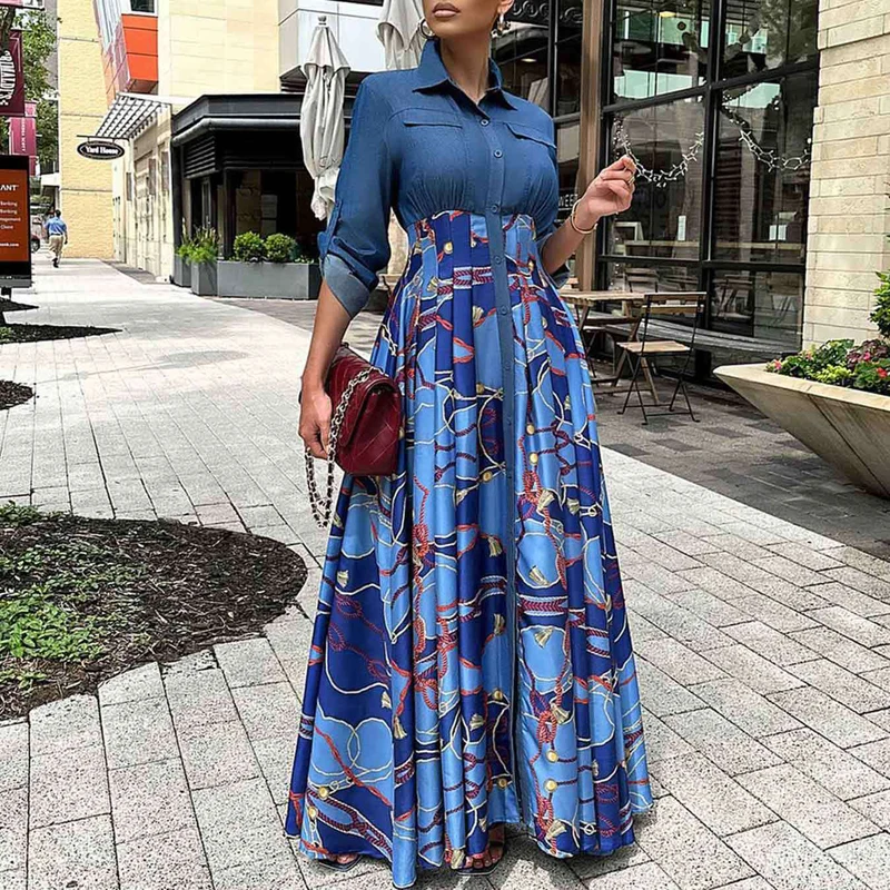 

Women Print Button Office Shirt Dress Fashion Lapel Denim Patchwork Long Dress Elegant High Waist Pleated Party Dress Streetwear