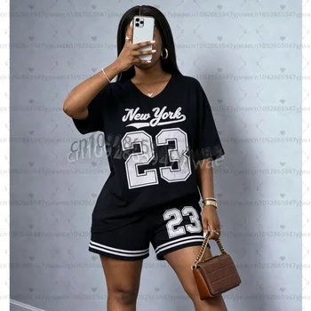 2026  American Style NEW YORK 23 print Jersey T-Shirt Suit Women's men T-Shirt + Shorts racksuit 2 Pieces Set Women Tracksuit 1