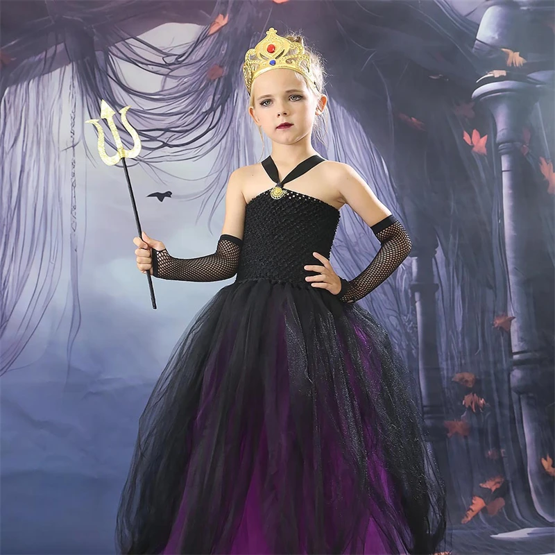 

The Sea Witch Ursula Cosplay Girls Long Trailing Tutu Dress Kids Halloween Costumes Devil Party Dresses Masquerade Fancy Outfit