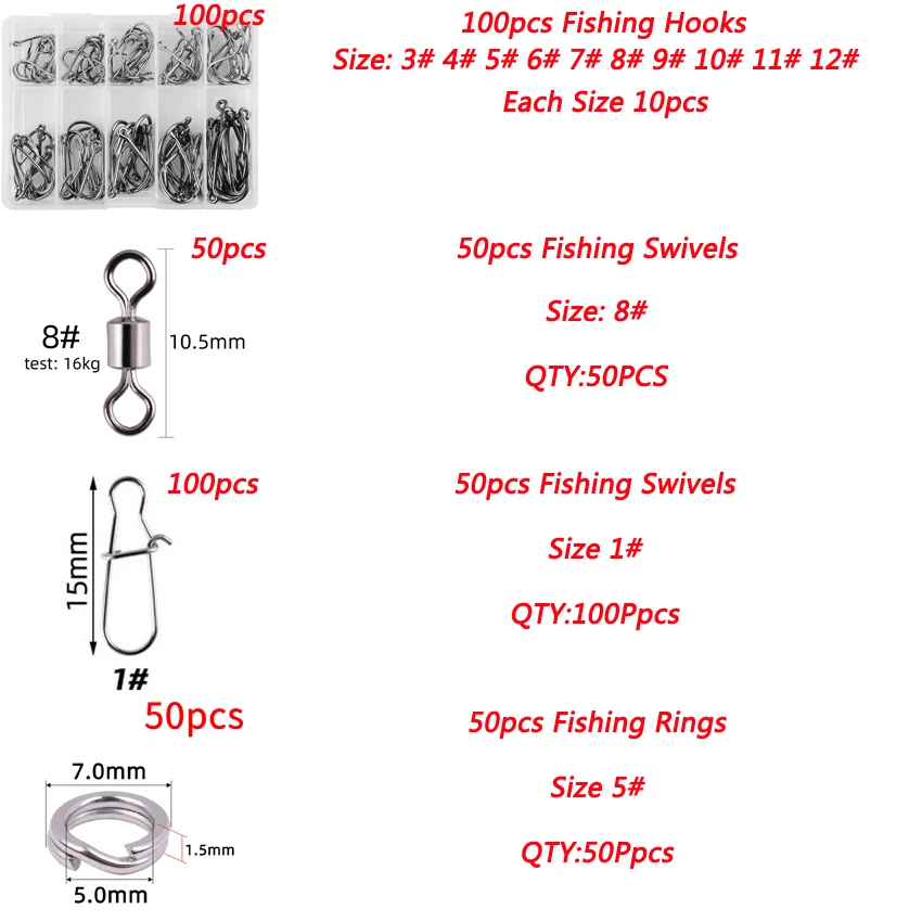 300Pcs Fishing Hooks Set Tools Jip Ring Swivel Snap Hook Eye