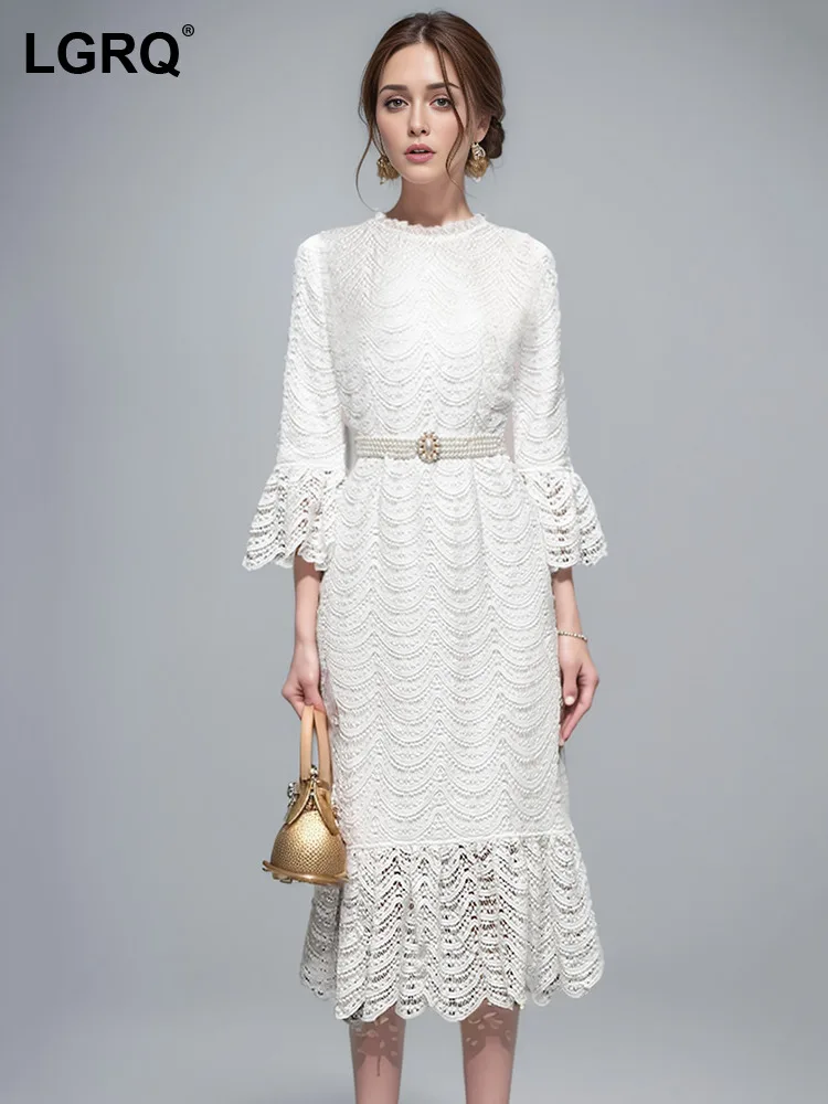 

Женское кружевное платье LGRQ, однотонное ажурное платье с рукавом три четверти, круглым вырезом и высокой талией, Элегантное летнее платье, новинка 2024