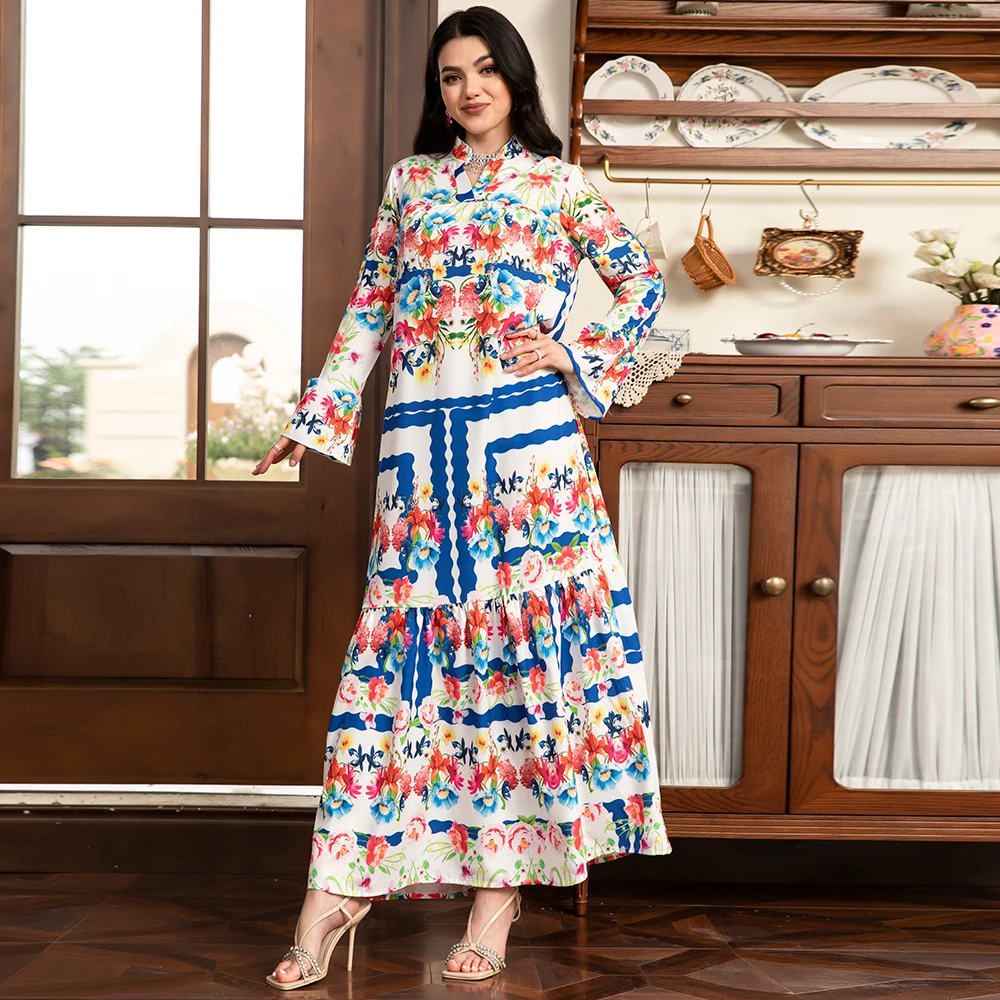 Muslim Abaya Sweet Party Long Dresses for Women V-neck Printing Color contrast Splicing Flared Sleeve Female A-line Skirt Kaftan