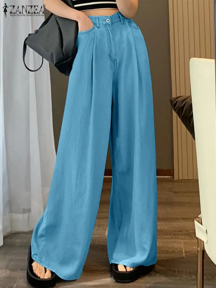 

Брюки ZANZEA женские джинсовые с широкими штанинами, модные синие плиссированные джинсы с завышенной талией и карманами, повседневные свободные штаны, лето 2024