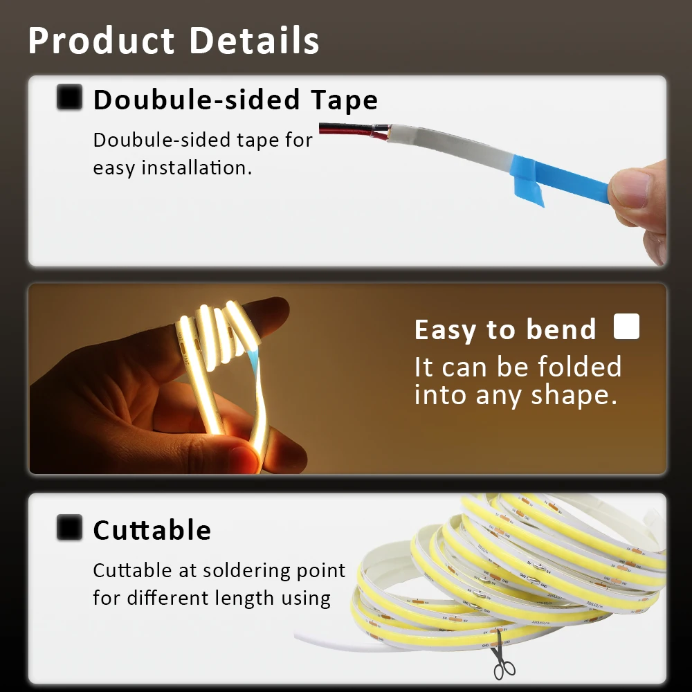 5V USB 320leds/m COB LED 스트립 라이트 1M 2M 3M WW CW NW 조절 가능한 ON/OFF 스위치 TV 백라이트 캐비닛 조명