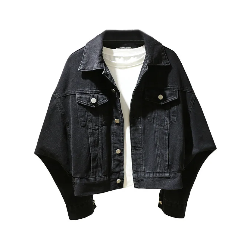 

Spring Autumn Bat Sleeve Short Denim Jacket Women Korean Loose Student Single-Breasted Jeans Coat Black Outerwear Female X035