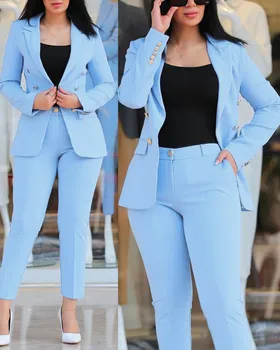 Casual Long Sleeve Suit Jacket Pants Set Office Lady Spring Autumn Elegant Solid Blouse Trousers Two Piece Set Women Outfit 2023