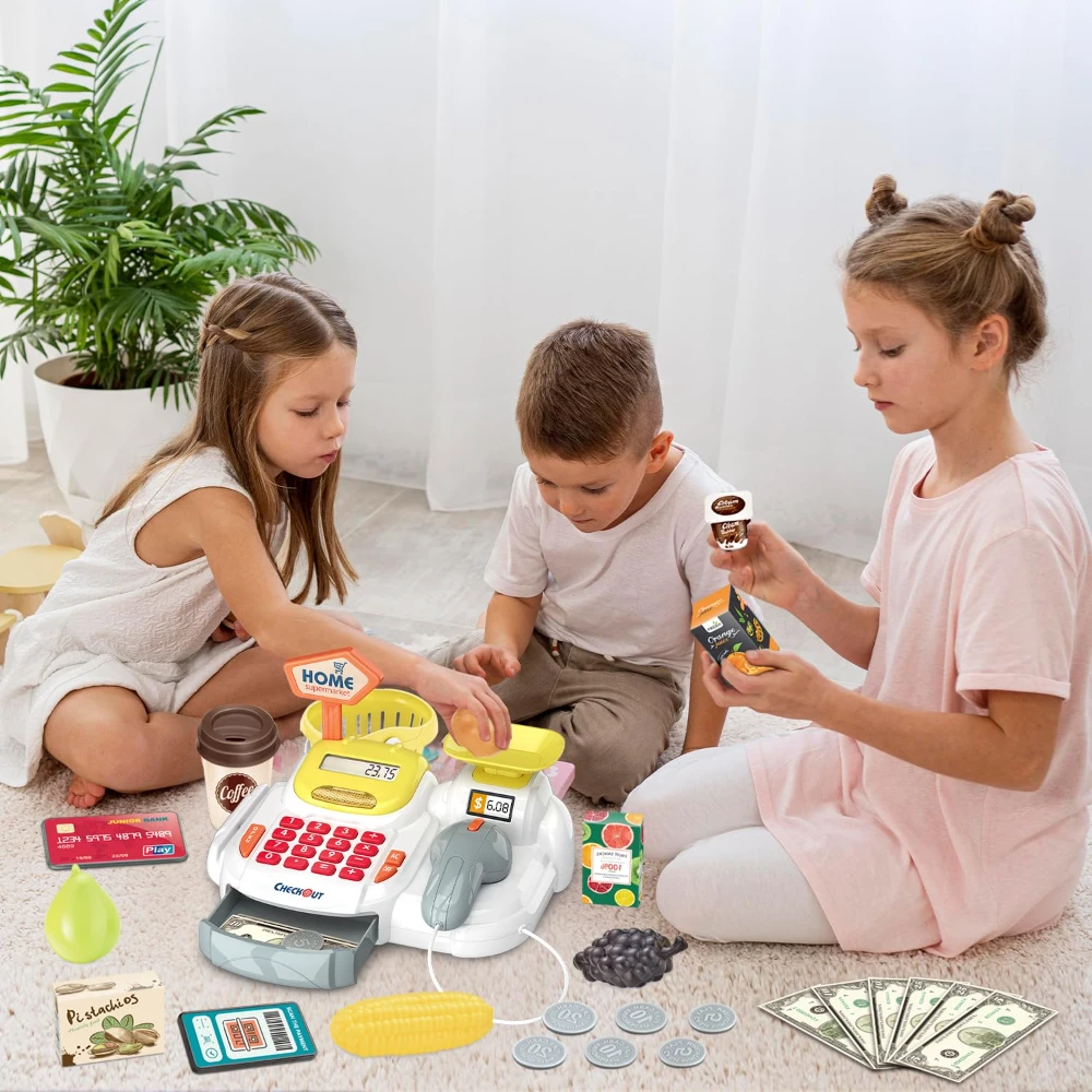 WizKidz Pretend Play Cash Register Toy with Scanner Sounds Calculator Credit Card Reader Play Food Money for Kids 3 Years Plus