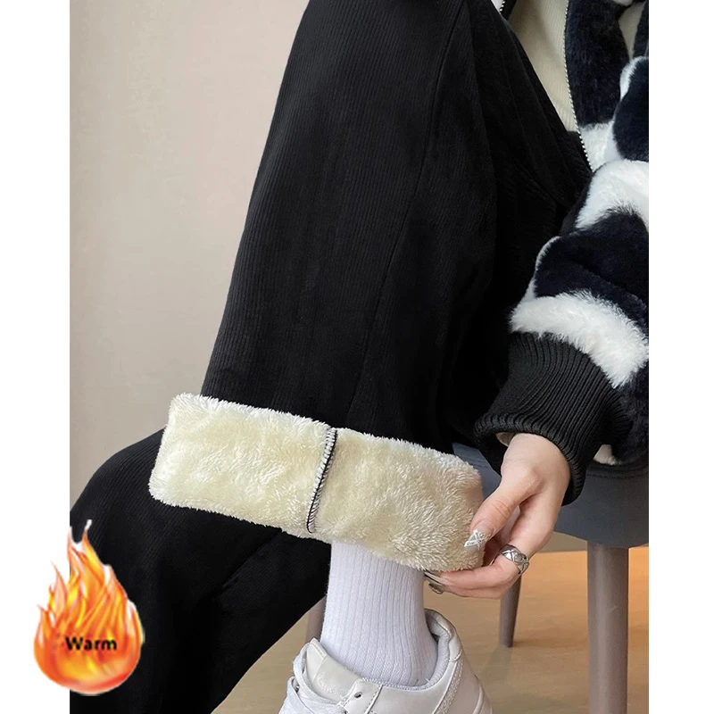 Lambwool Winter Wide Leg Pants Women Solid Drawstring High Wasit Baggy Trousers Snow Wear Plus Velvet Fluffy Casual Pantalones