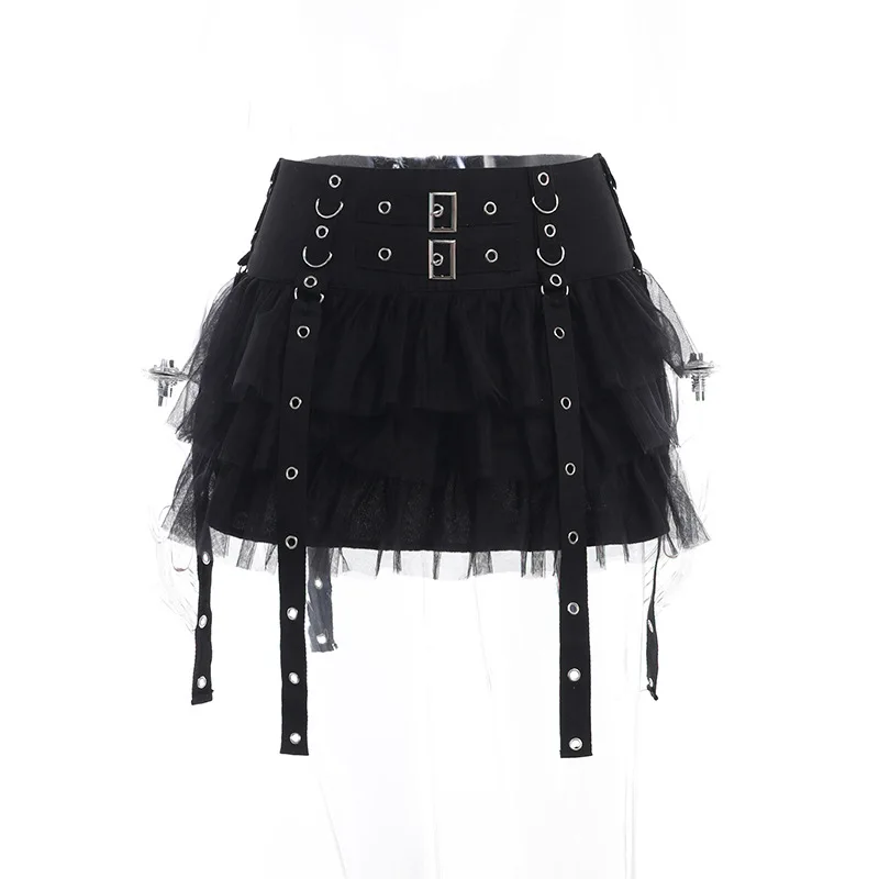 Black Women Punk High Waisted Goth Skirt Sexy Pleated Mini Skirt with Chain E Girl Lace-Up Tie PU Leather Corset Y2K Crop Tops
