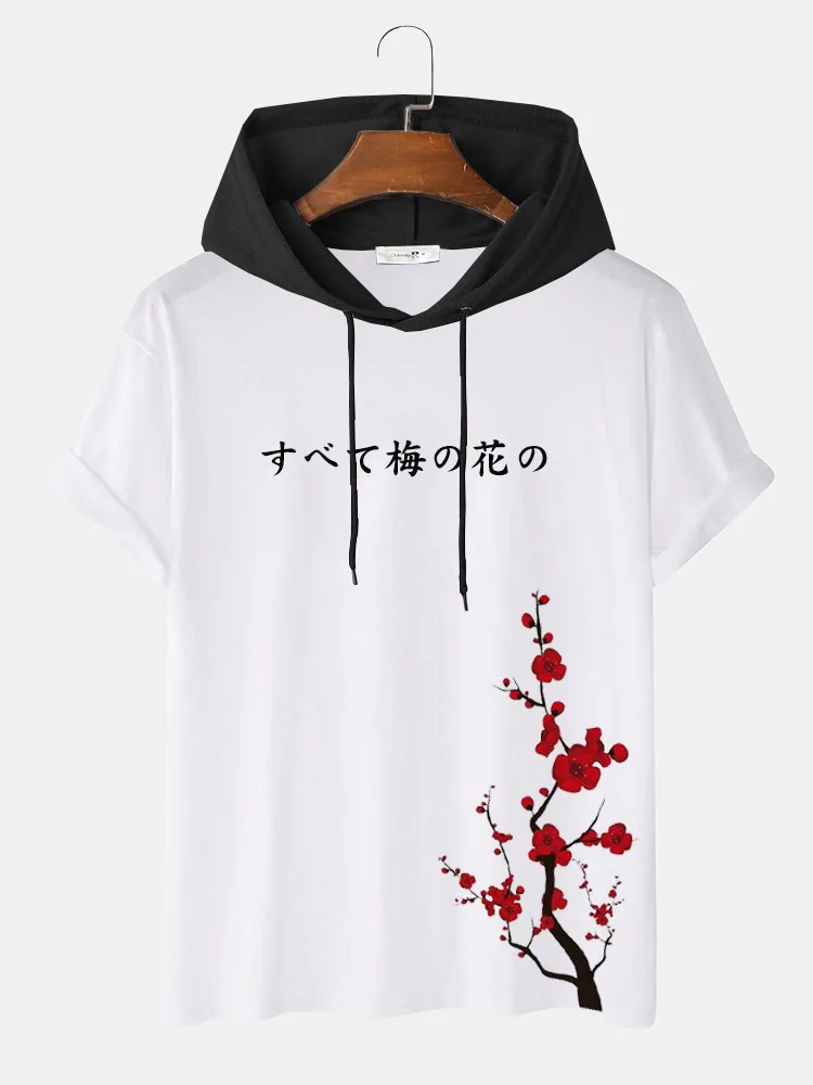 

CharmkpR Japanese-style New Men Plum Printing Camiseta Casual Simple Male All-match Short Sleeve Contrast Hooded T-Shirts S-2XL