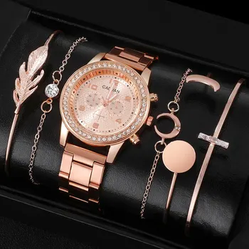 6PCS Set Women Rose Gold Luxury Quartz Watch Rhinestone Fashion Wristwatch Casual Ladies Watches Bracelet Set Clock Montre Femme