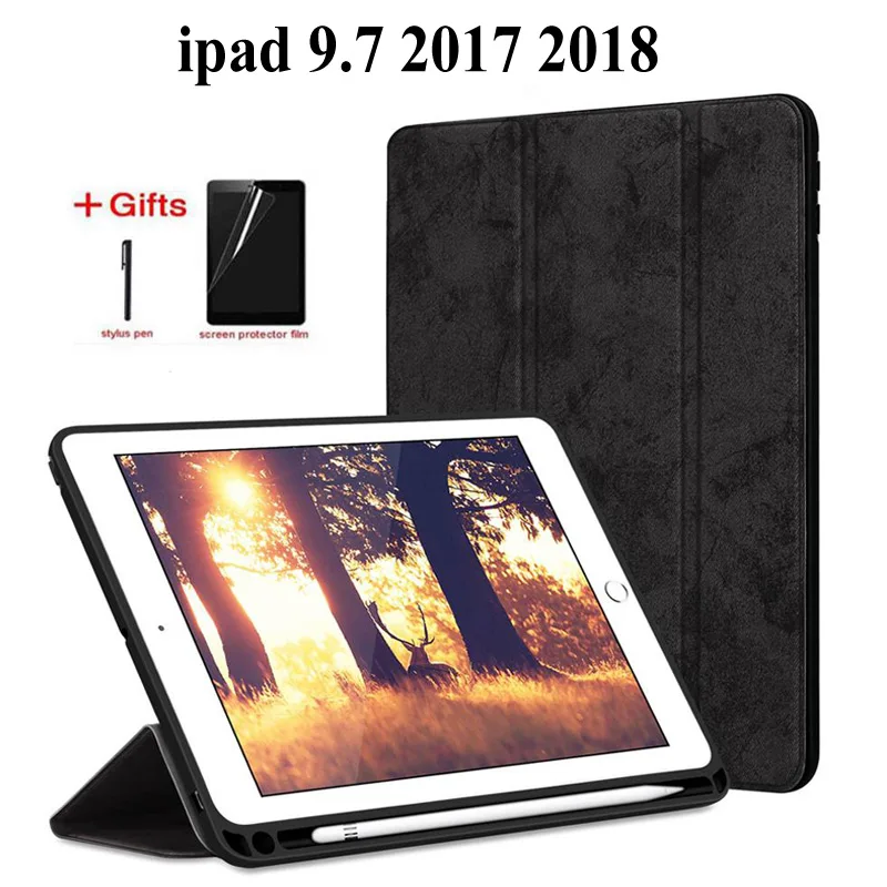 

Чехол для iPad 9,7 2018 2017 A1893 A1954, мягкий силиконовый чехол-держатель для планшета с тремя складками, подставка с автоматическим режимом сна/пробуждения + FilmPen