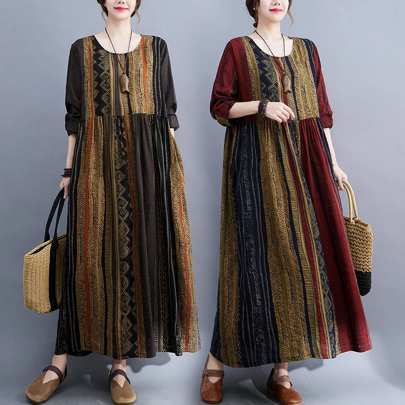 

#6870 Vertrical Striped A-line Dress Long Sleeve High Waisted Vintage Ladies Dresses Split Joint Vestidos Loose Spring Autumn