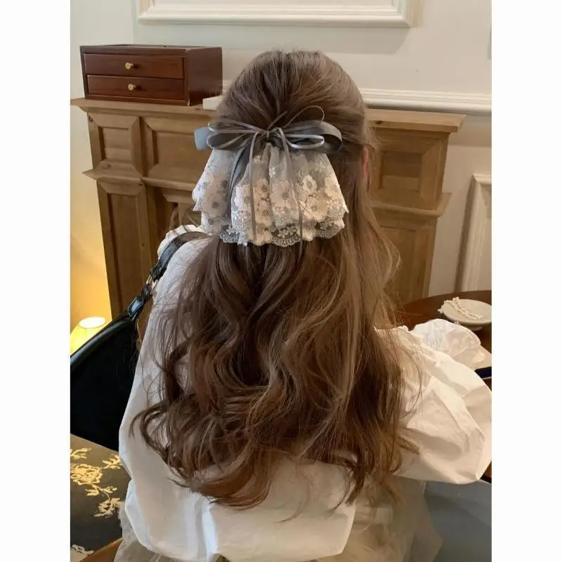 Fermaglio per Capelli a Fiocco in Pizzo, Fatto a Mano, Stile Vintage Coreano, Fiore, Resistente, Elegante Accessorio per Capelli da Donna, per Matrimoni - immagine 2