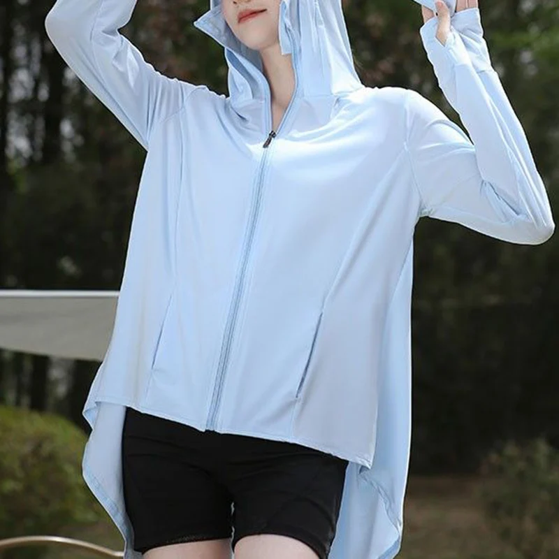 UV Resistant Hooded Zipper  Long Sleeve Front Short And Back Long Pocket Sunscreen Top Summer For Women Clothes Casual Solid Coa