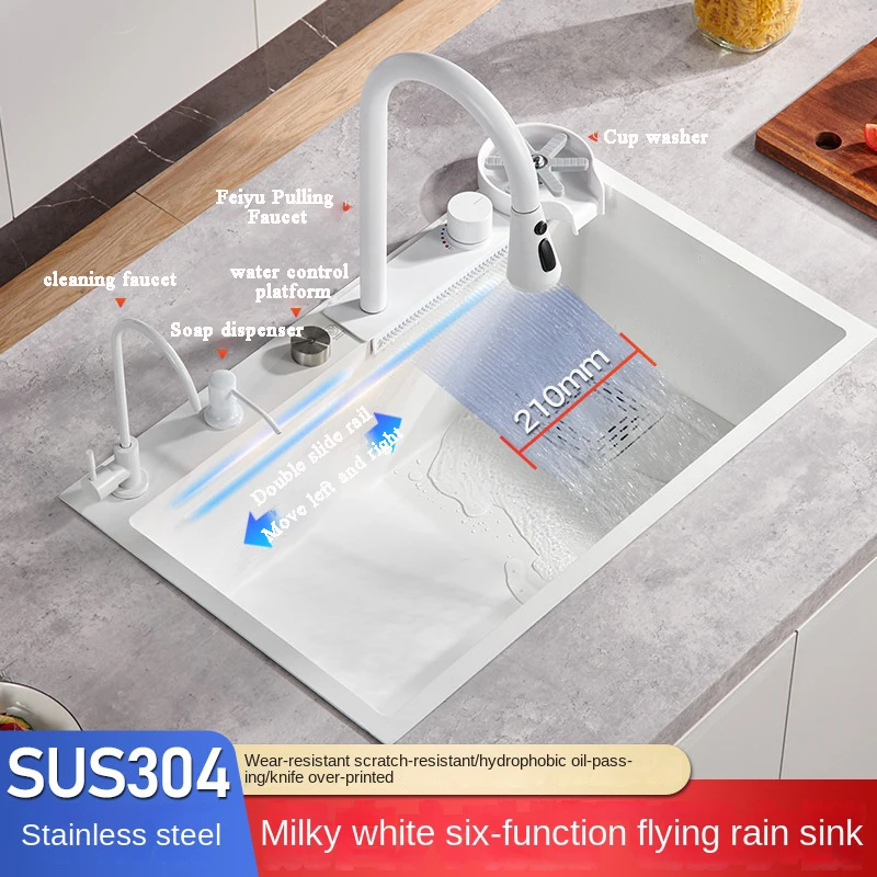 White Flying Rain Waterfall Kitchen Sink Large Single Slot Handmade Nano Stainless Steel Vegetable Wash Basin Dishwashing Pool