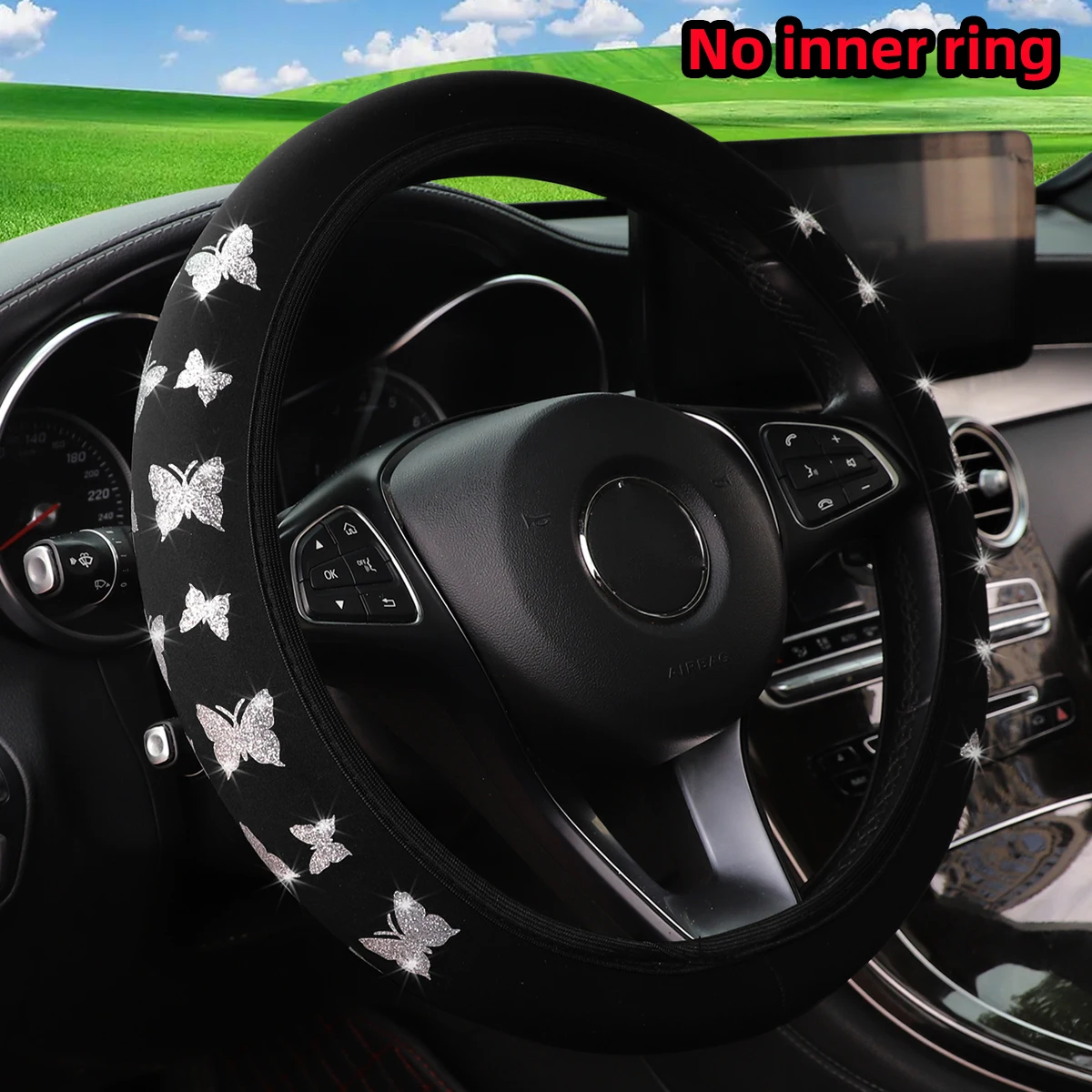 Steering Wheel Cover 1 Glitter Butterfly Blingbling Fabric Waterproof Non-slip Steering Wheel Cover Fits 14.5-15 Inches