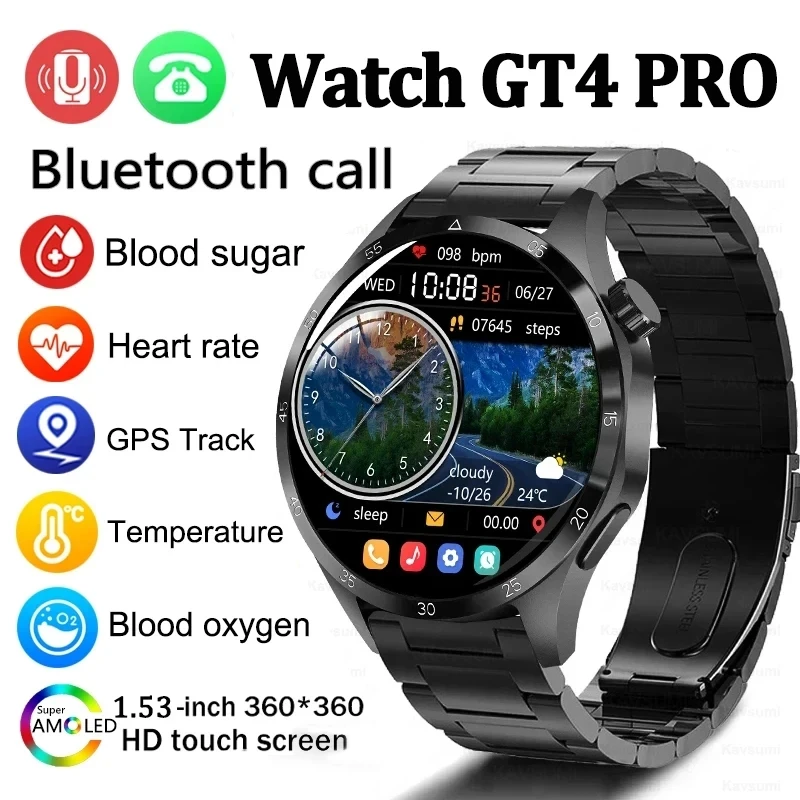Gt4 Smartwatch Mens Amoled Screen Bluetooth Call Gps Sport Watch Nfc Health Pressure Music Smartwatch Per Xiaomi Huawei Gt4 Plus