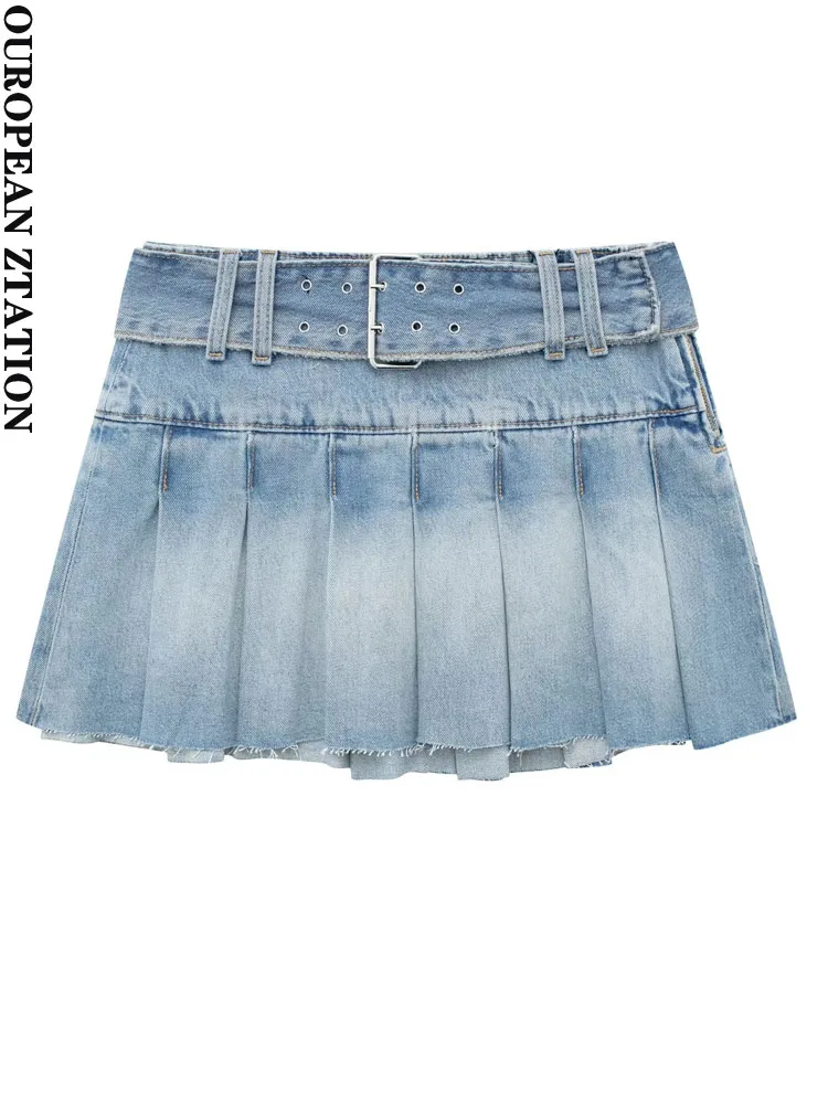 

PAILETE Women 2023 fashion with belt denim box pleat mini skirt vintage mid-waist side zipper fly female skirts mujer