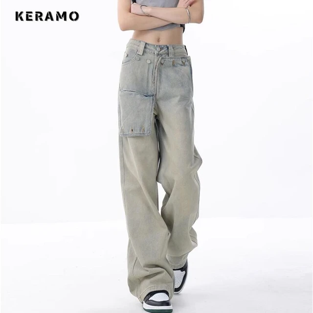 Vintage High Waist Denim Cargo Pants For Women Casual Baggy Style