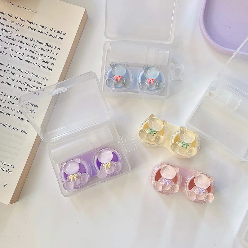 Bling PP Contact Lens Box Container with Tweezer Suction Stick Three-dimensional Crystal Bear Contact Lens Case for Girls