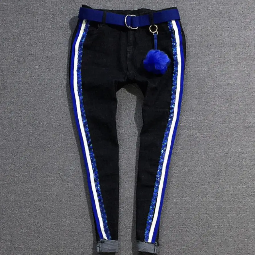 

Spring fashion new women side sequin patchwork skinny pencil jeans