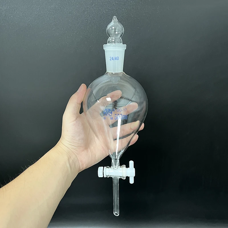 

FAPEI Separatory funnel globe shape,with ground-in glass stopper 500mL,Joint 24/40,Spherical separatory funnel,PTFE switch valve