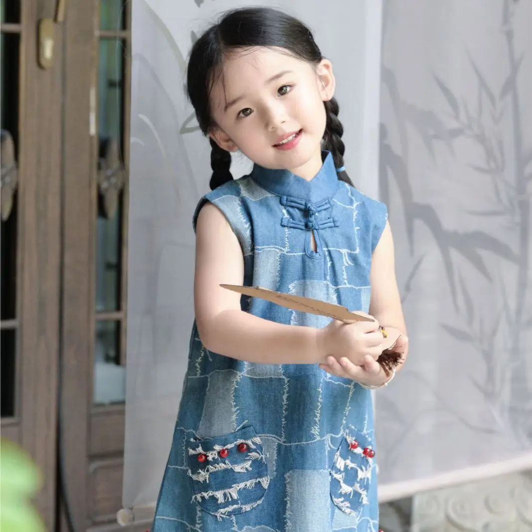 

Panda Baby Mother Kids Clothing 2023 Summer Style Girls' Cheongsam Patchwork Denim Vest Children's Casual Plaid Dress Cheo