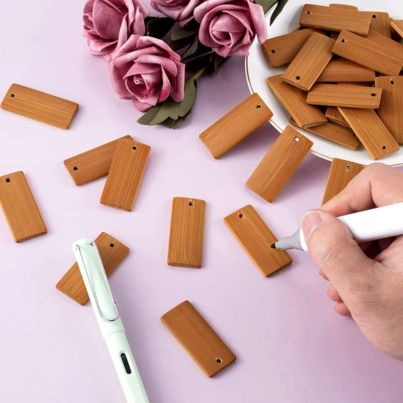 100Pcs 45X20mm 직사각형 태그 키 체인 반지에 대 한 대나무 태그, 대나무 미완성 된 나무 키 링 태그