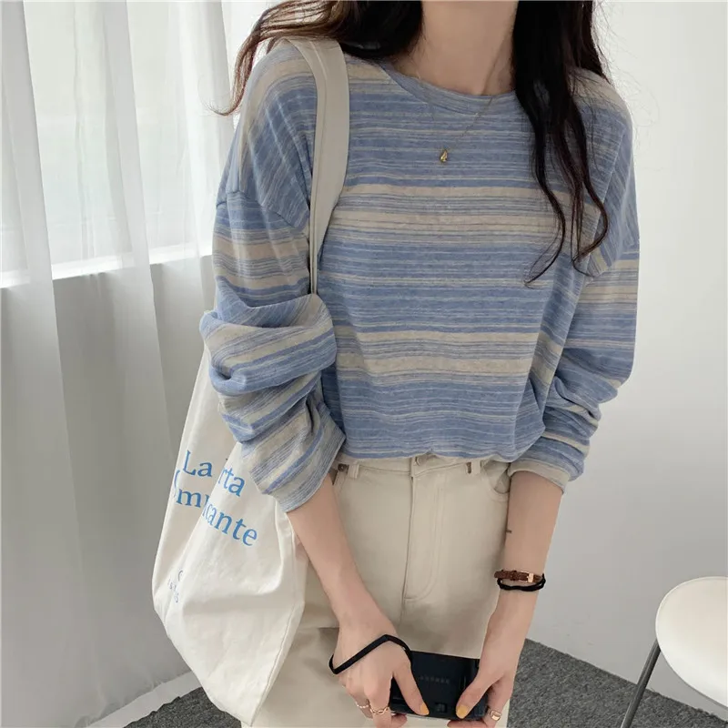 Women's Striped Long Sleeve Loose Fit T Shirt