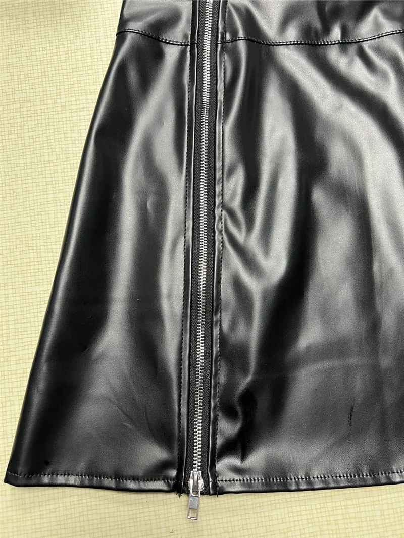 Shestyle PU Leather Zipper Fly A-Line Skirt Women Black High Waist Double Zip Elegant Slit Mini Clothes Office Lady Festival