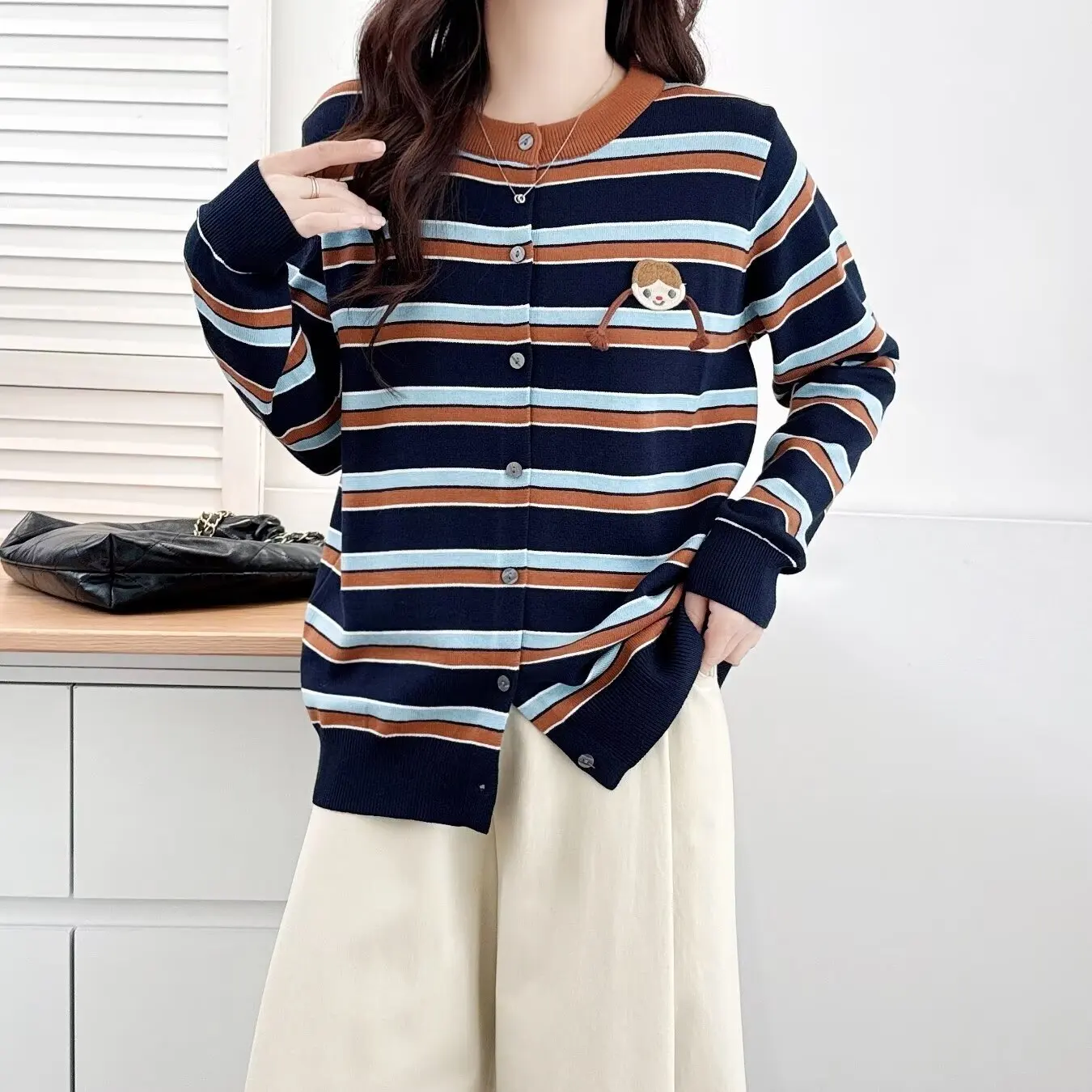 Fashion Plus Size Women's Sweaters Autumn 2025 Youthful Embroidered three-dimensional Braid Girls And Striped Knitted Cardigan