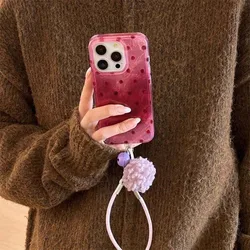 Whirlpool Pattern Berry Pink Polka Dot Phone Case with Fur Ball Hanging Rope - iPhone 7 p or 8 p (SMT2075 Color)