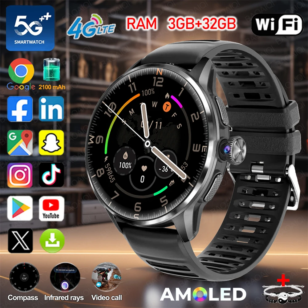 5G/4G Full Network Smart Watch Compass HD Video Call 1.60 inch AMOLED Screen 2100mAh Google APP WIFI GPS Infrared Smartwatch+Box 1