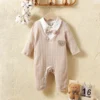 Spring And Autumn Boys And Girls  Polo Neck Long Sleeve Bow Romper Open Button Pants Fashionable And Warm 3