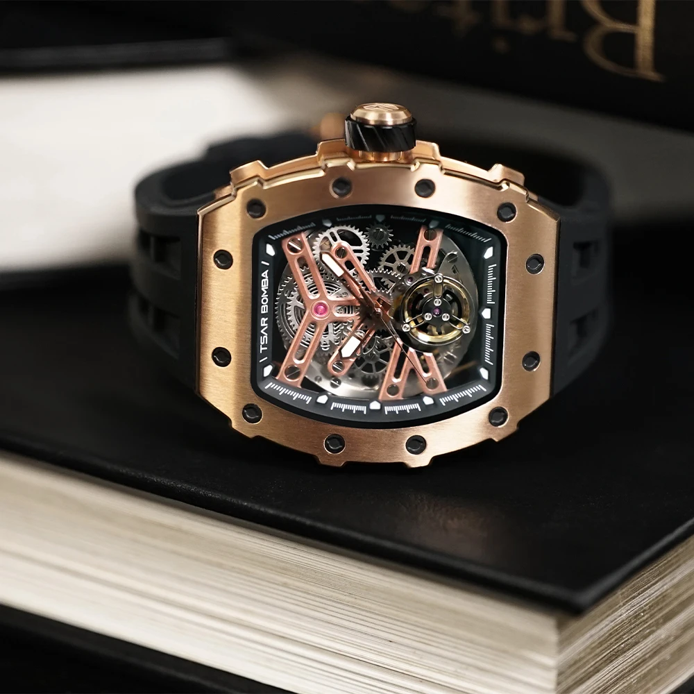 TSAR BOMBA Роскошные мужские автоматические часы, прямоугольные часы, наручные часы с сапфировым стеклом, модные механические часы-скелетоны для мужчин