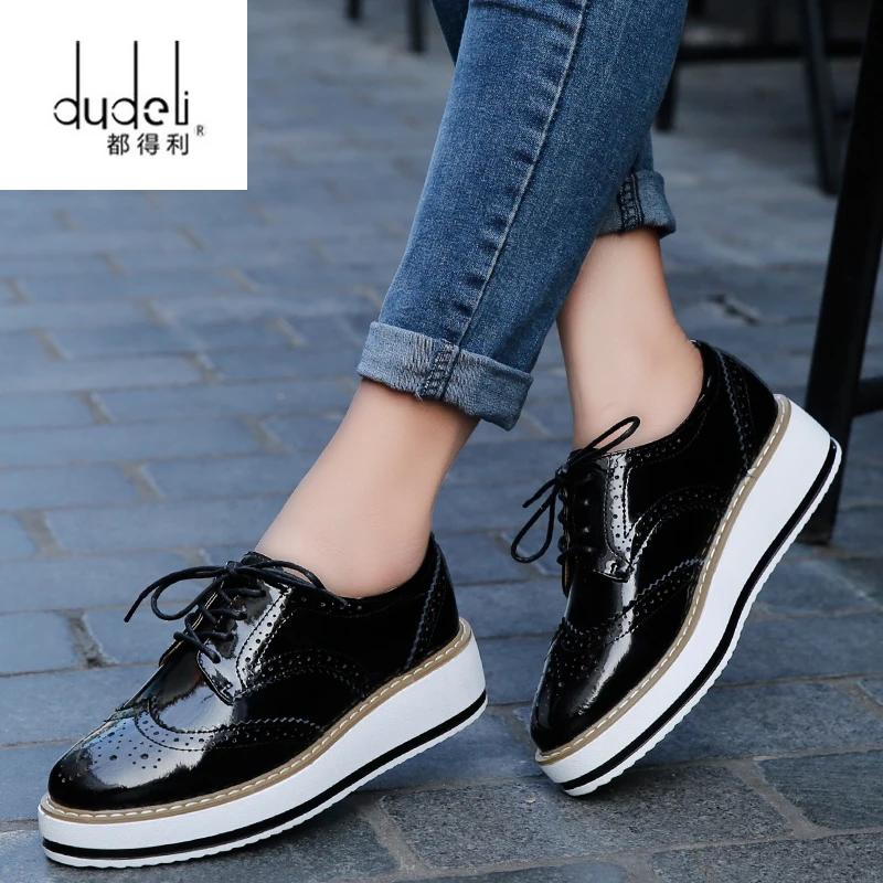 Dudeli Brand Spring Women Platform Shoes Woman Brogue Patent Leather Flats Lace Up Footwear Female Flat Oxford Shoes For Women - Flats - AliExpress