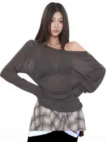 Sexy Thin See Through Long sleeve Oversize T shirt Women Bandage Off shoulder Top Female Basic Long Tees Korean Chic Lady New 6