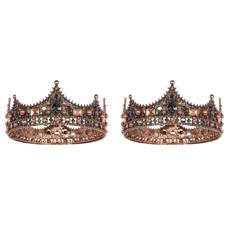 

2X King Crowns For Men - Baroque Vintage Rhinestone Crystal Crown, Men's Full Kings Crown For Theater Prom Party