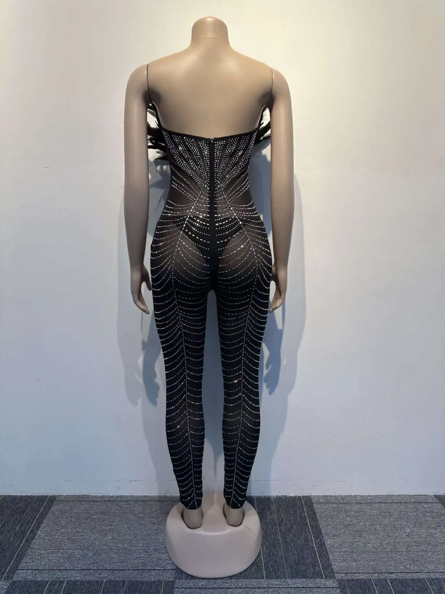 DUTRIEUX Sexy Mesh Rhinestones Feather Jumpsuits Bodysuit Women Summer One Piece  Rompers Club Party Elegant Bodycon Playsuits