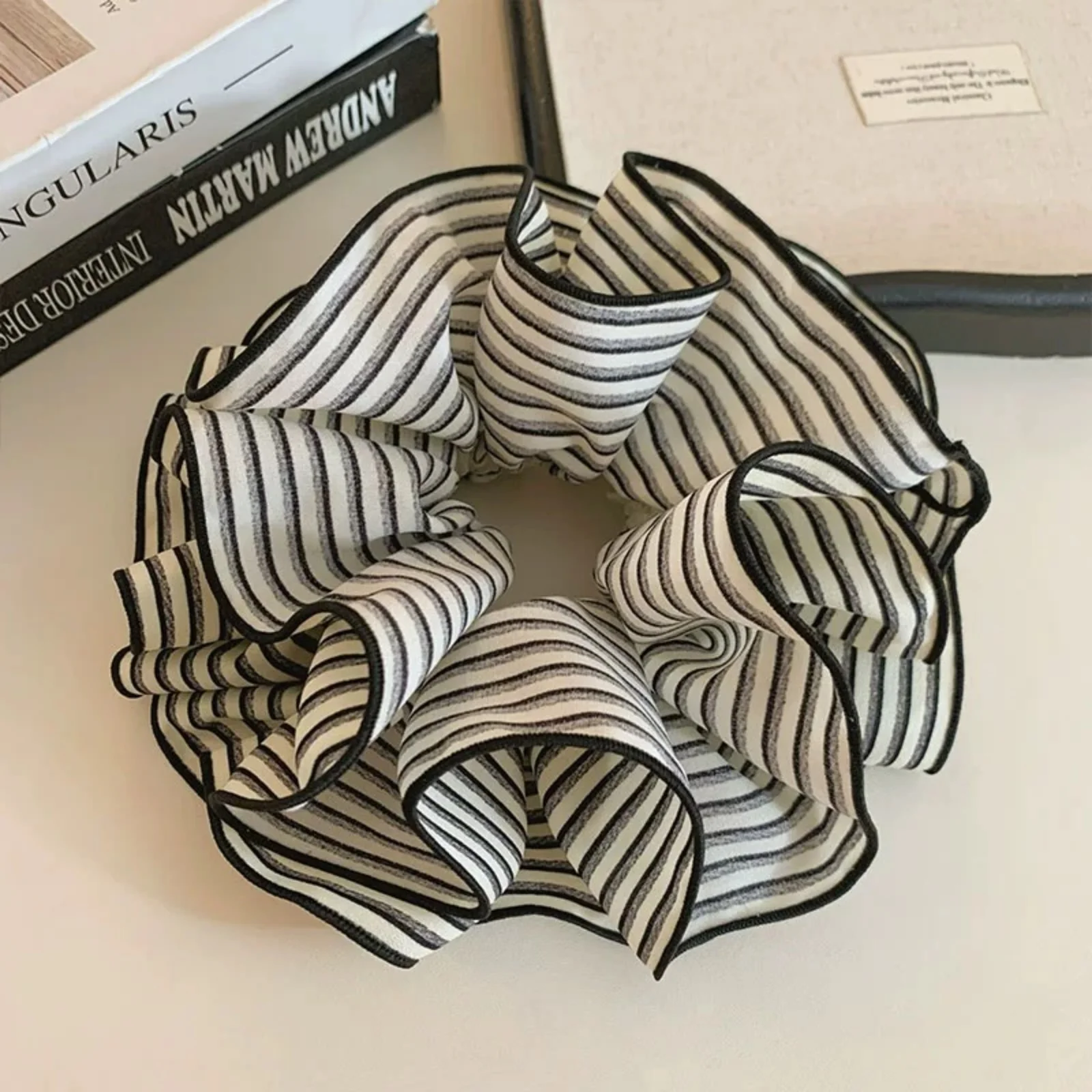 1PC Large Striped Hair Scrunchie with Ruffled Edges, Chic Black and White Hair Tie, Stylish Hair Accessory for Women