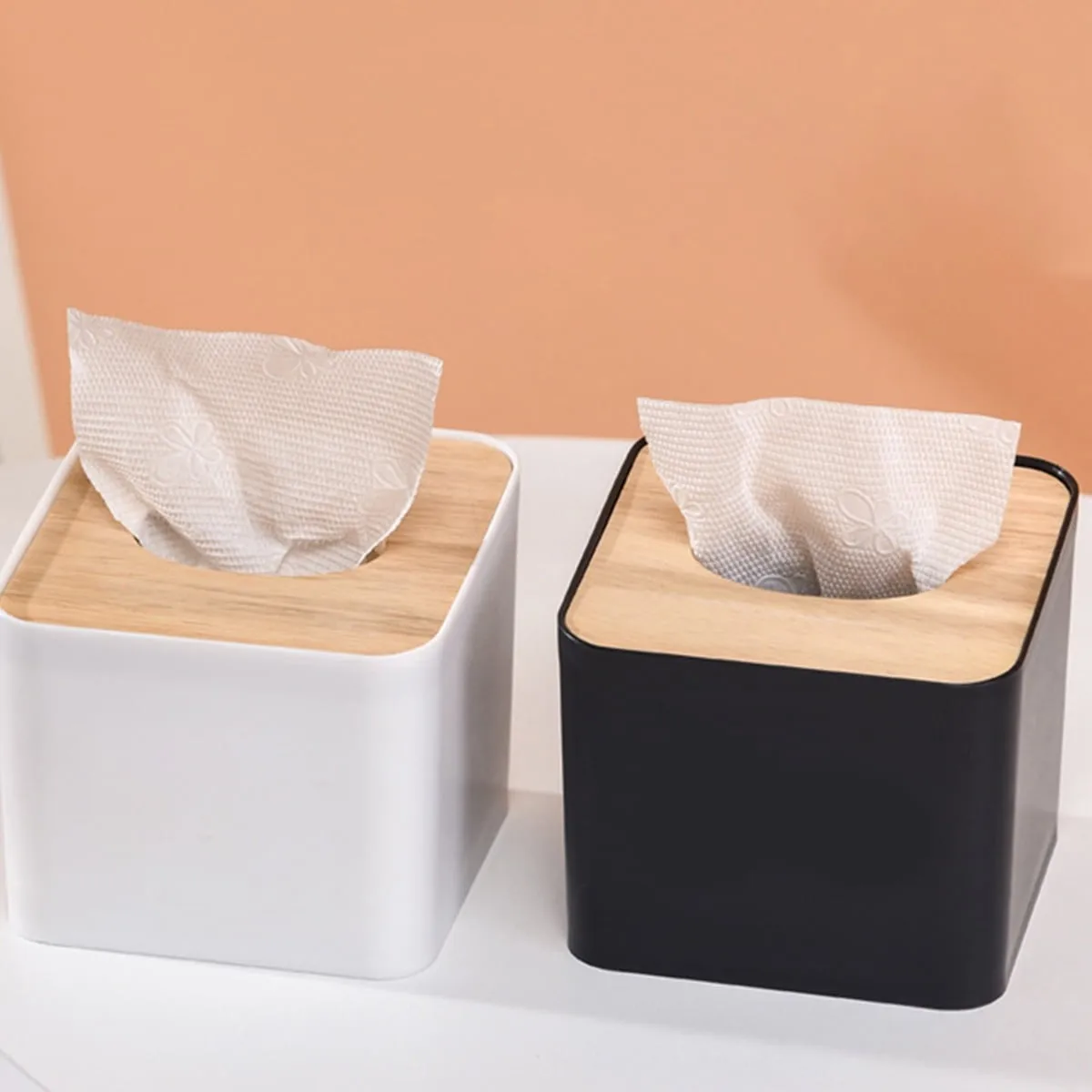 New Plastic Tissue Box Wooden Lid Square Napkin Holder Container Wet Tissue Paper Dispenser Case Modern Home Car Organizer 2