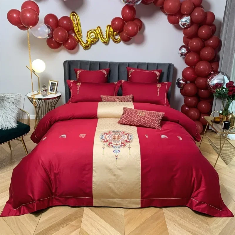 

New Chinese Style 60 Count Long Staple Cotton Four Piece Set with Bright Red Embroidered Pure Cotton Quilt Cover Bedding