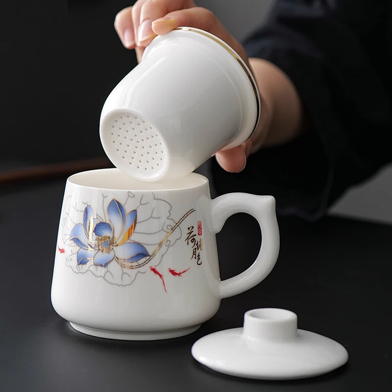 Chinese Style Lotus Pattern Tea Filtering Separation Cups With Cover White Porcelain Mug, Home Drinkware Ceramic Office Cup, 1Pc